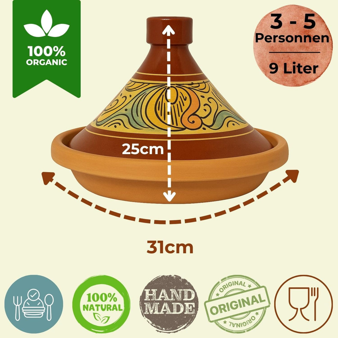 Marokkanische Tajine Topf zum Kochen | Schmortopf glasiert Chaouen Ø30cm 4-5 Personen | inklusive Re