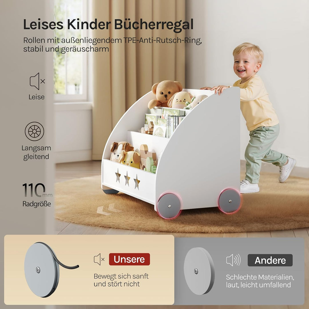 WOLTU KR002 Kinderregal Bücherregal für Kinder, Spielzeugregal mit Räder 3 Regale , Holz Standregal