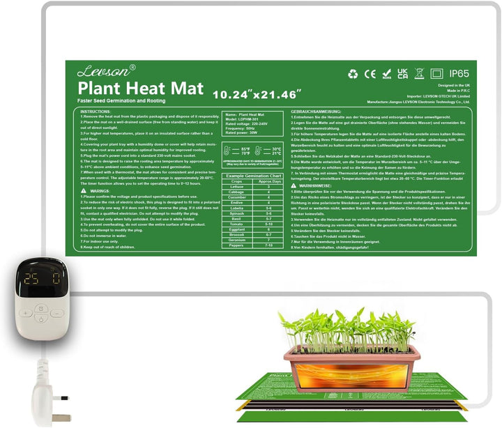 Heizmatte für Aussaat, 30 W, wasserdicht 26 × 54,5 cm, 15–60 °C mit Thermostat und Timer 0–12 h, Hei