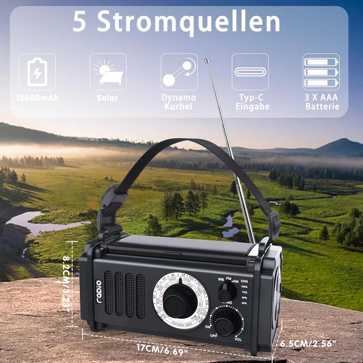 13000mAH Kurbelradio | Notradio mit AM FM Radio, Tragbare Baustellenradio, Batteriebetriebenes Radio