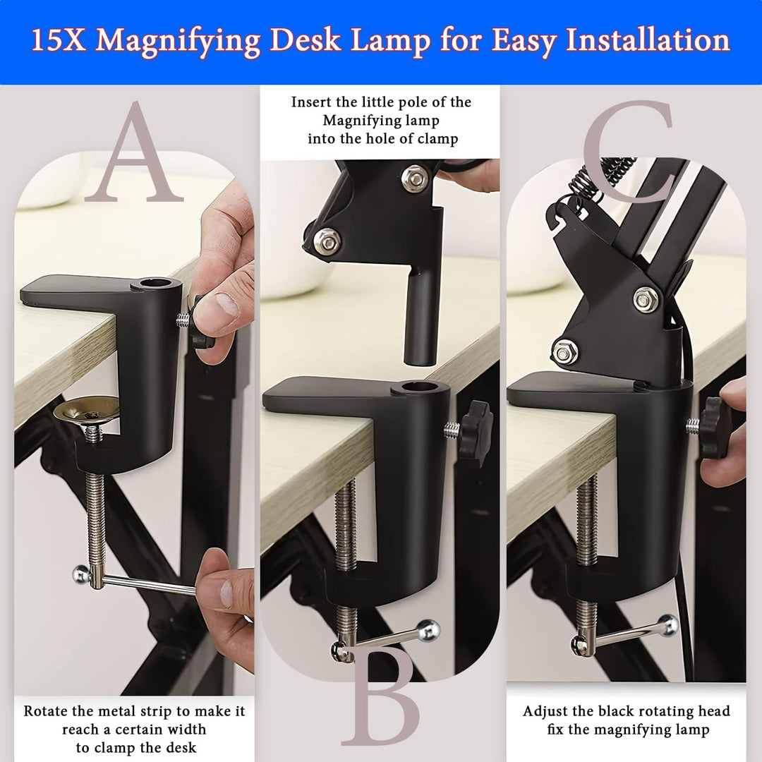 15X Magnifying Glass Desk Lamp with Clamp and Base, Real Glass Lens, 84 LEDs, 5 Color Modes Dimmable