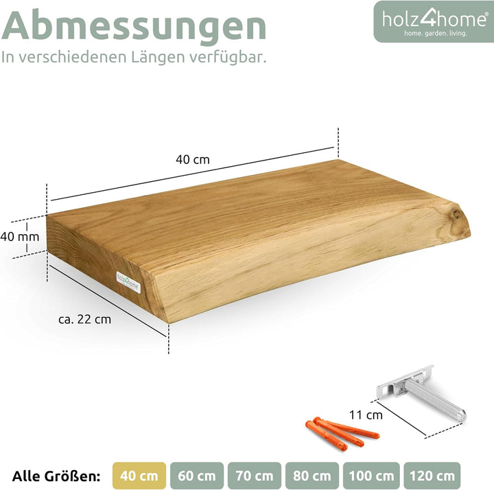 holz4home® Wandregal mit Baumkante 40 cm Länge, Natur Geölt I Schweberegal Massivholz mit unsichtbar