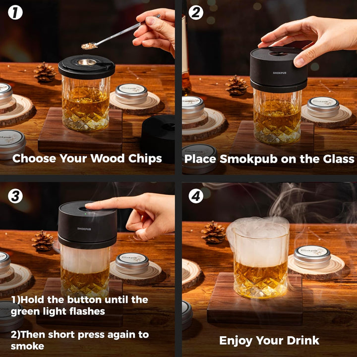 Elektrisches Whisky Smoker Set, Cocktail Smoker Kit mit 6 Holzspänen, Whiskey Smoker Kit Mit Eingeba