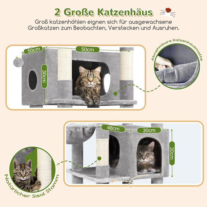 Globlazer Kratzbaum Grosse hoch 188 cm mit 2 Grosser Katzenhaus, Gepolsterte Plattform, 2 Katzenkorb