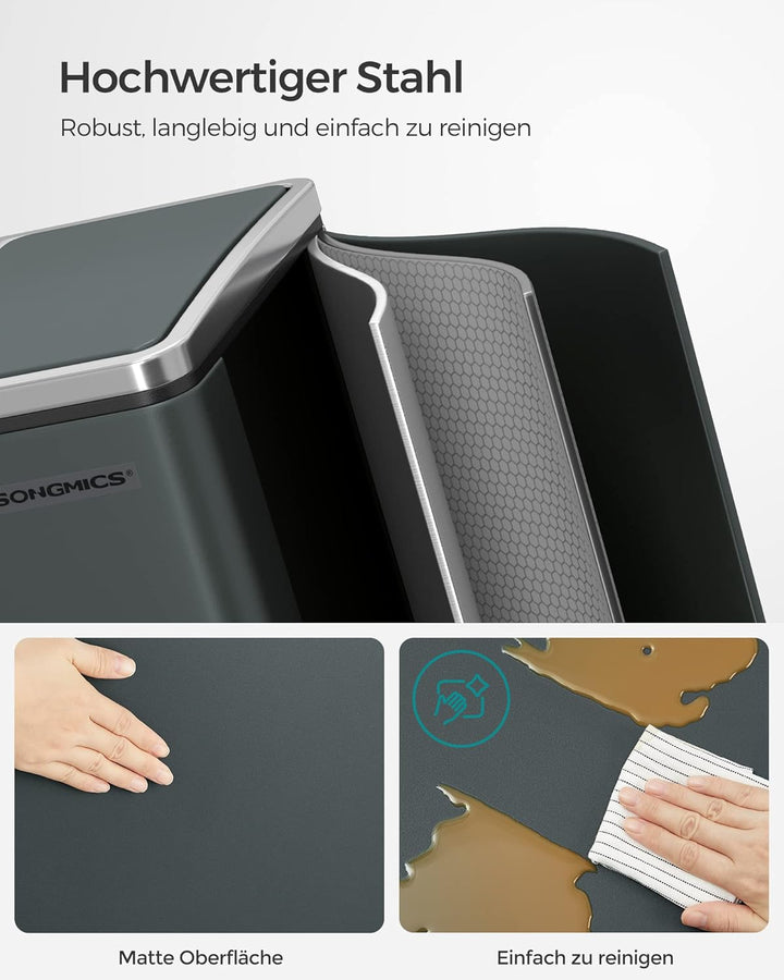 SONGMICS Mülleimer Küche, 2 x 15 L, Mülltrennsystem, Abfalleimer aus Metall, Treteimer mit Inneneime