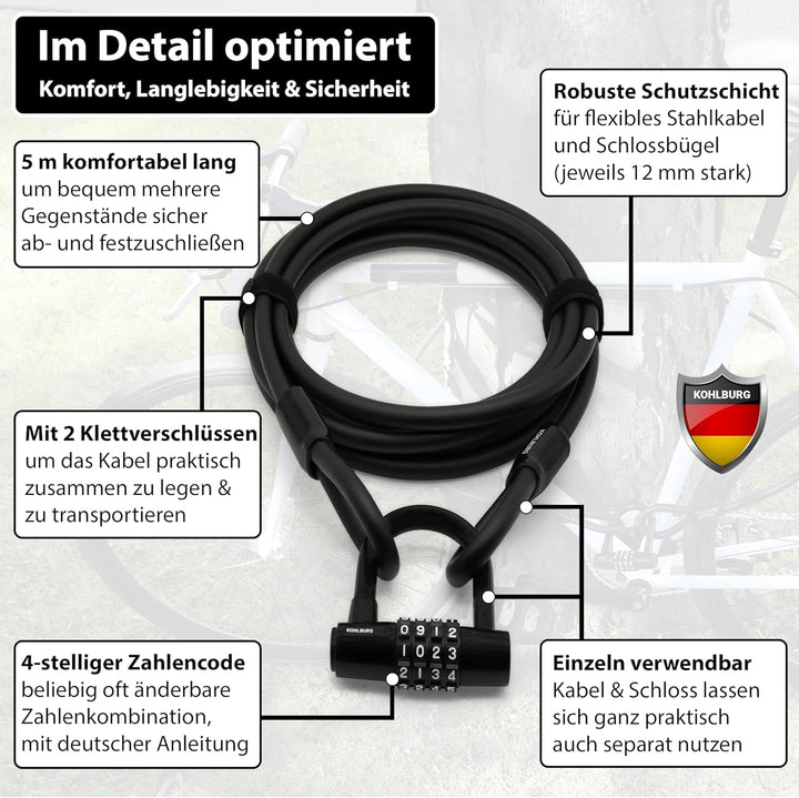 KOHLBURG Kabelschloss 5 Meter lang mit Zahlenkombination - 500cm Zahlenschloss - Stahlseil Schloss 5