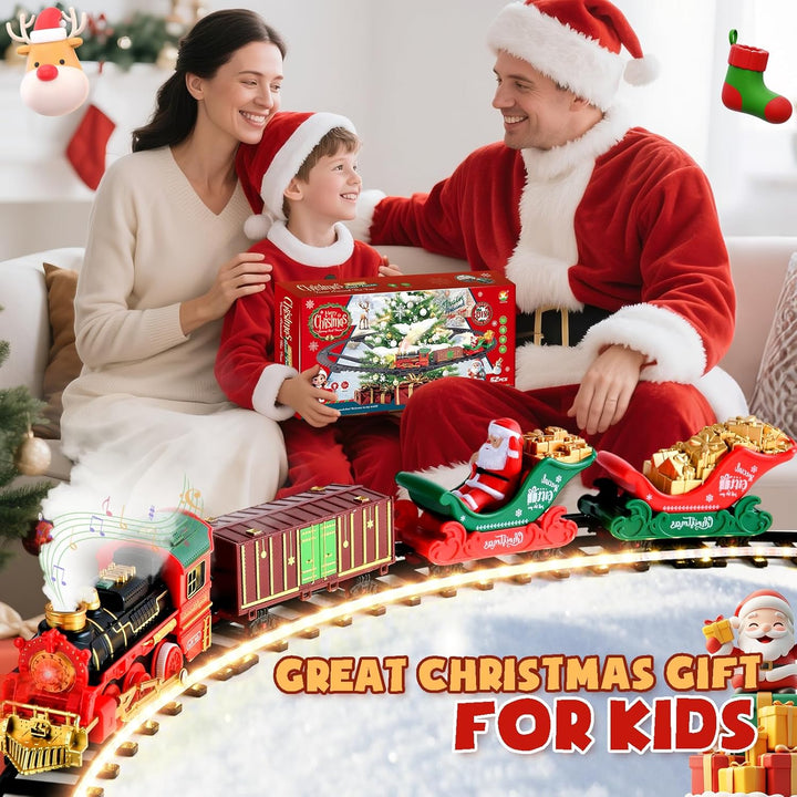 Weihnachtsbaum Zug, Klassisches Weihnachtszug-Set für Kinder mit Warmweiss LED-Lichterkette, Spray u