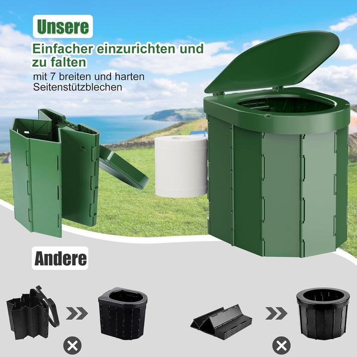 WADEO Tragbare Campingtoilette mit Deckel, 30 cm hohe Mobile Toilette mit 12 Stück Toilettenbeutel,