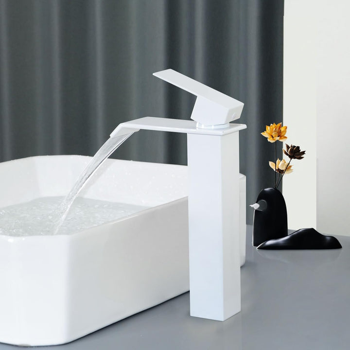 PHASAT Waschtischarmatur Hoch Wasserfall Wasserhahn Bad Weiss Einhebelmischer Mischbatterie für Wasc