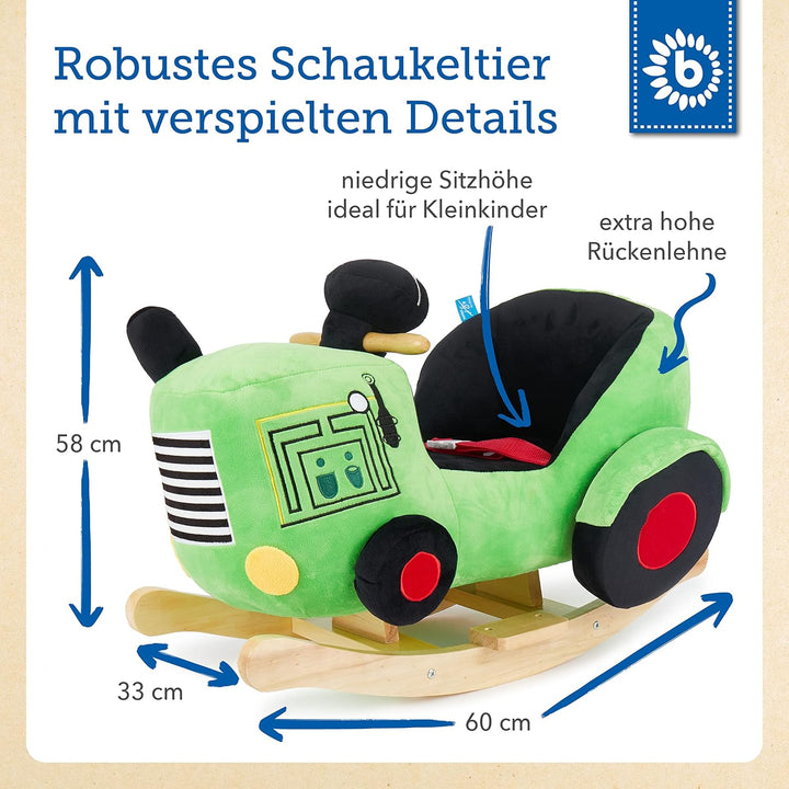 Bieco Plüsch Schaukeltier Traktor 60 cm | Kinder Schaukelstuhl mit Sicherheitsgurt | Baby Schaukel |