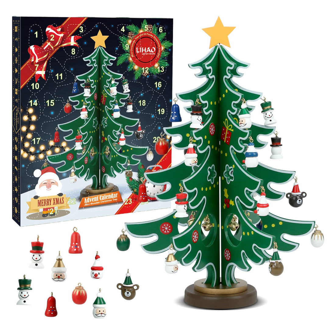 LIHAO Adventskalender Mini Holz Christmas Tree Weihnachtsbaum mit 24 Anhänger Weihnachtsbaum aus Hol