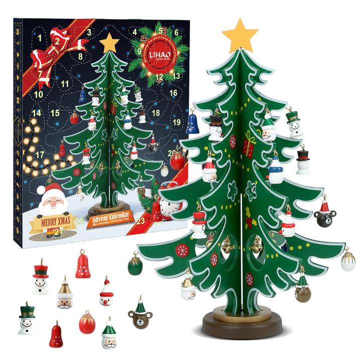 LIHAO Adventskalender Mini Holz Christmas Tree Weihnachtsbaum mit 24 Anhänger Weihnachtsbaum aus Hol