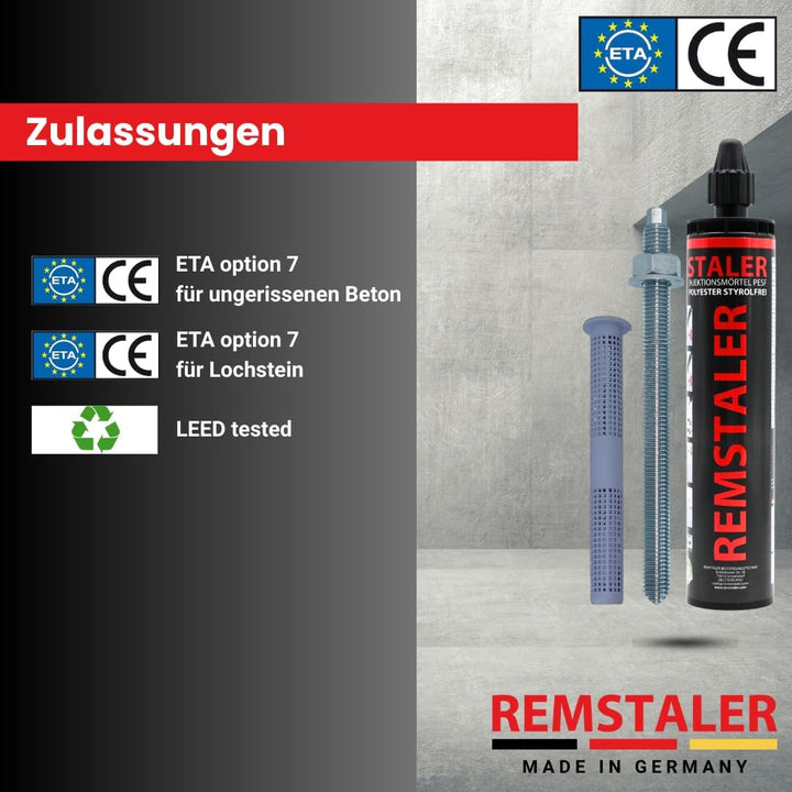 1x Remstaler INJEKTIONSMÖRTEL + ANKERSTANGE + SIEBHÜLSE im SET | Stahl verzinkt o. Edelstahl A4 | Ve