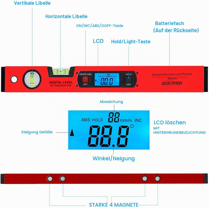 Neigungsmesser, RISEPRO Digitale Neigungsmesser Winkel Finder Gauge Spirit Level aufrecht Magnet 360