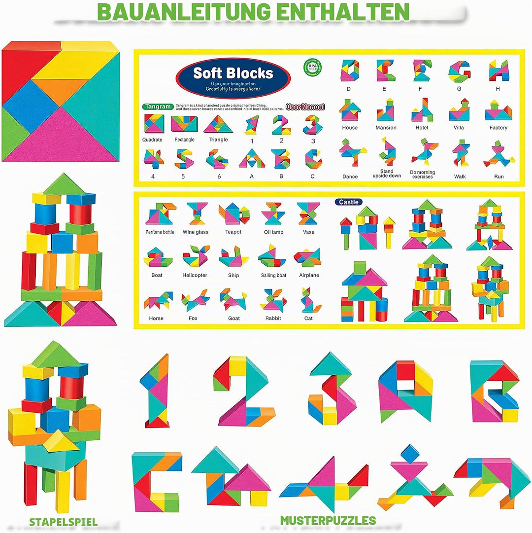 Pairez Toys Bausteine Schaumstoff, 138 Stück weiches Stapelbauklötze-Spielzeugset, frühes Lern-Konst