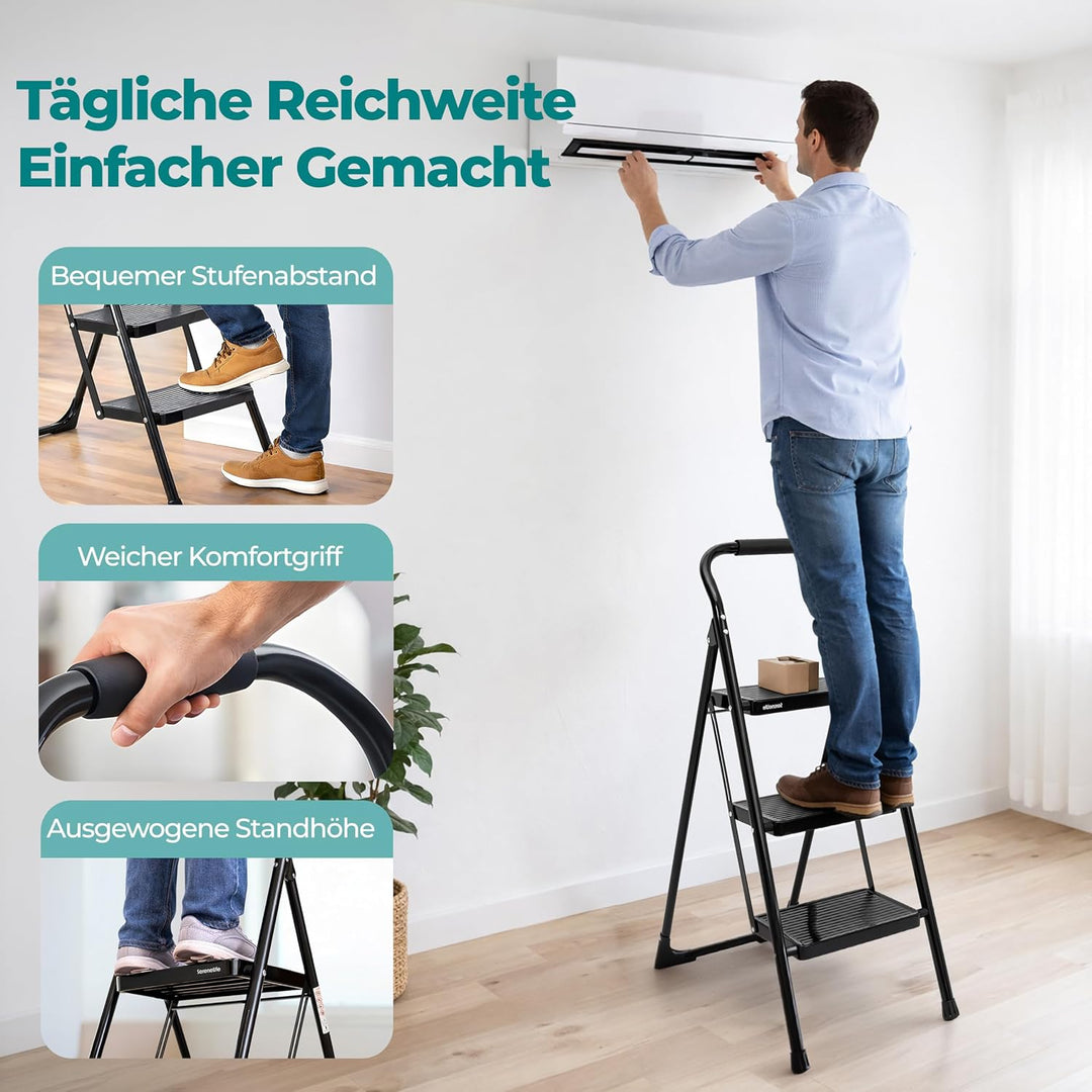 SereneLife Trittleiter 3 Stufen klappbar – Stabiler Tritthocker mit Handlauf, rutschfest, bis 259 kg