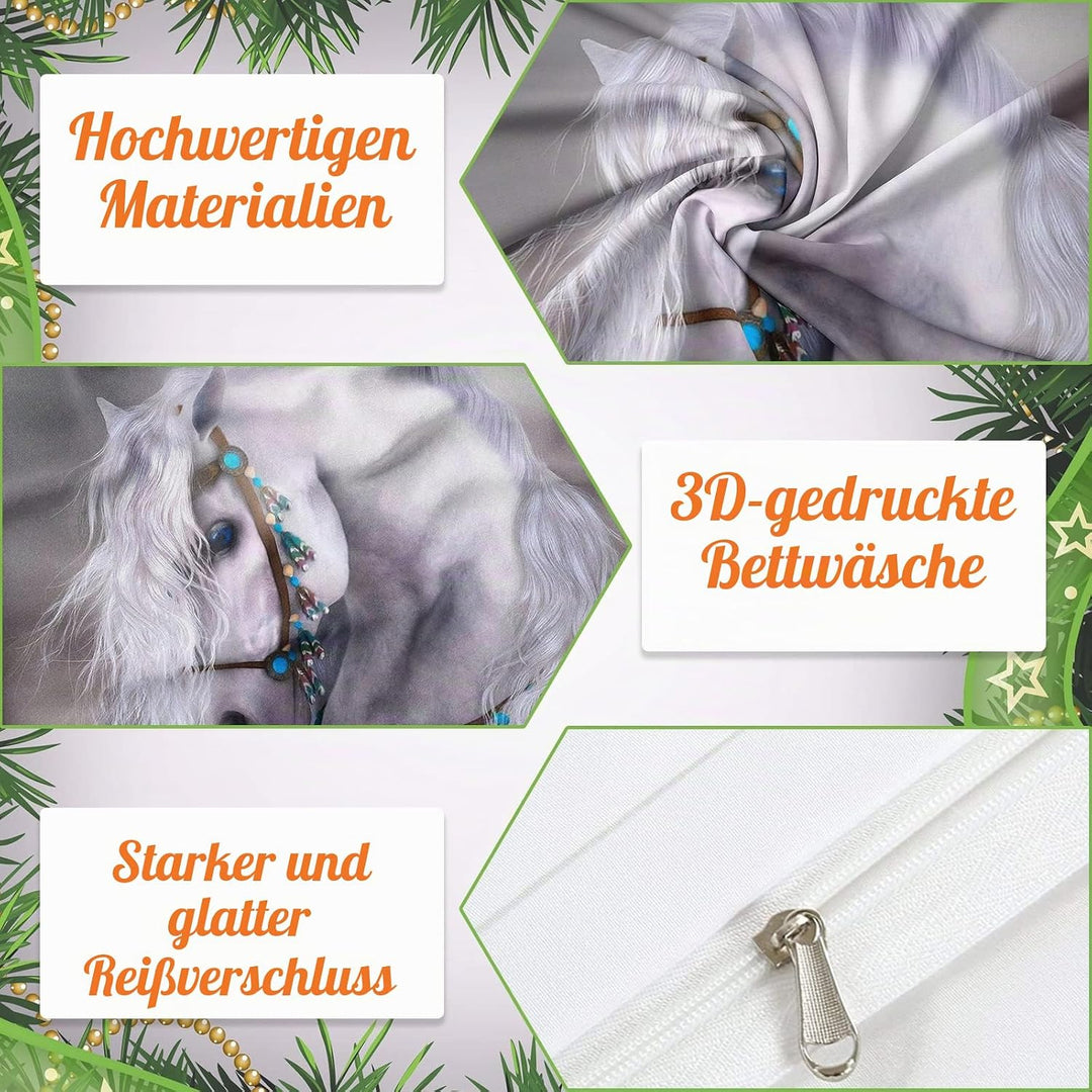 Bettwäsche-Set für Pferde 3D-Druck, Kinder Bettwäsche Set Tier Pferde Motiv Mikrofaser Bettbezug Set
