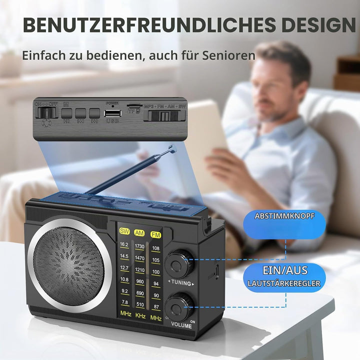 PRUNUS J-135 AM/FM/SW Solar Radio mit 1800mAh Akku oder AA batteriebetrieb, Nostalgie Radio mit Blue