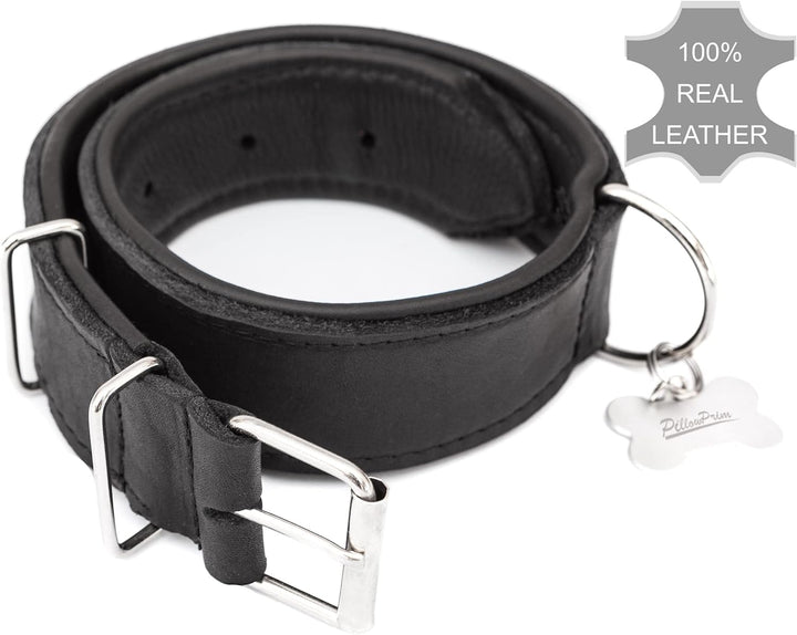 Hundehalsband Leder, Halsband, Leder, Lederhalsband Hund, Metallschnalle, 65 x 4 cm, Schwarz Einstel