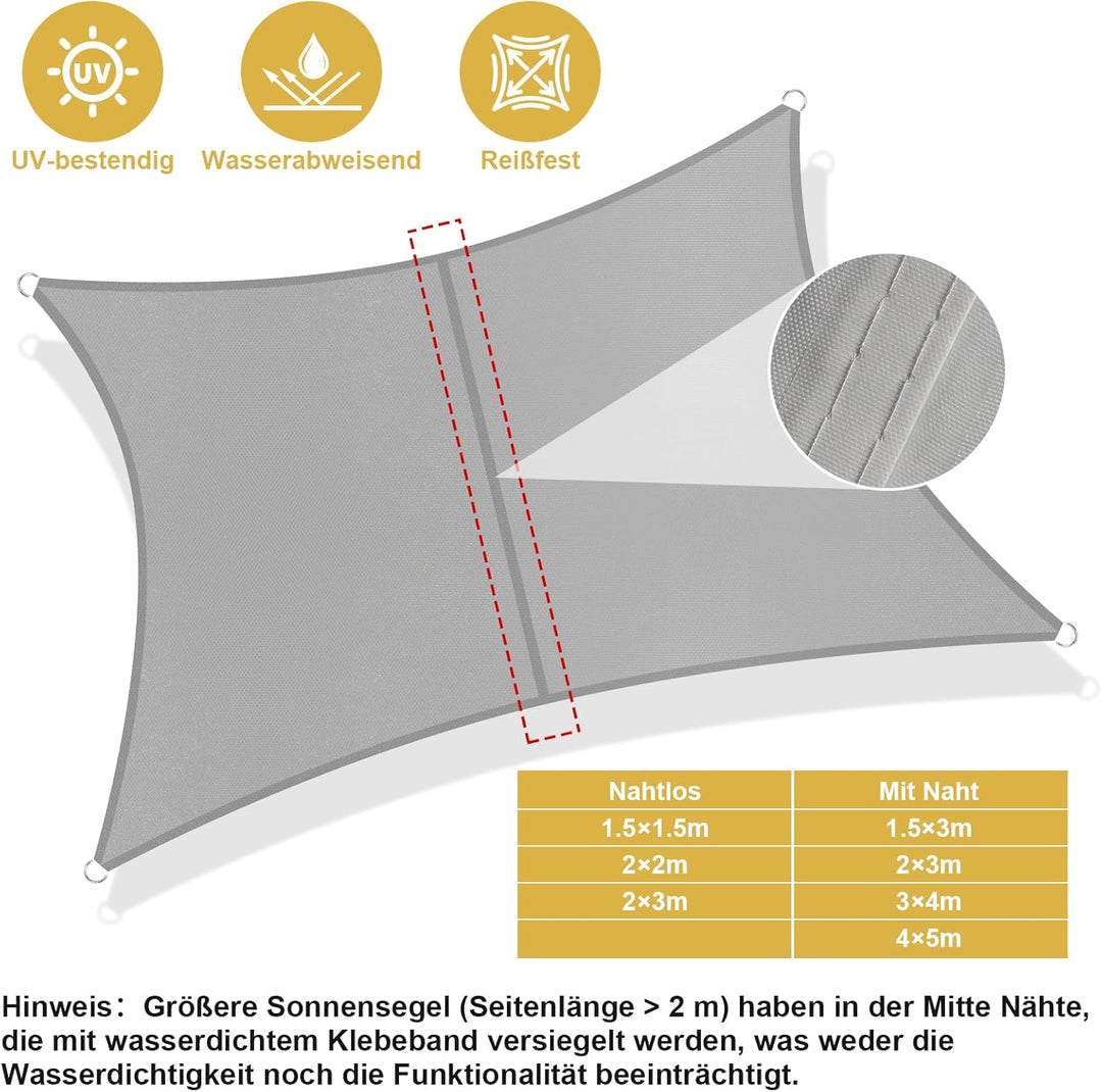 Shade&amp;Beyond Sonnensegel Wasserdicht Rechteckig 2 x 2 m Wetterschutz Sonnenschutz Sunsegel PES-Polye