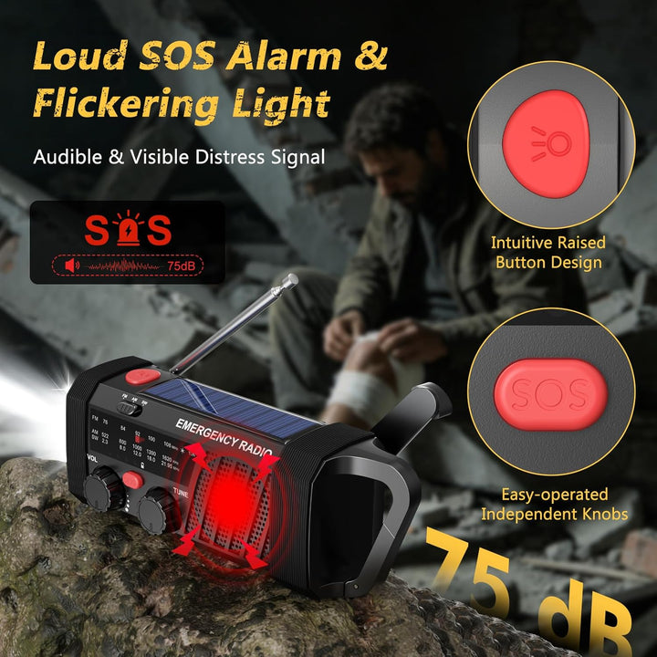 Tragbares Notfallradio, Kurbelradio mit Solar & Batteriebetrieb, AM/FM/SW Dynamo Radio, Taschenlampe