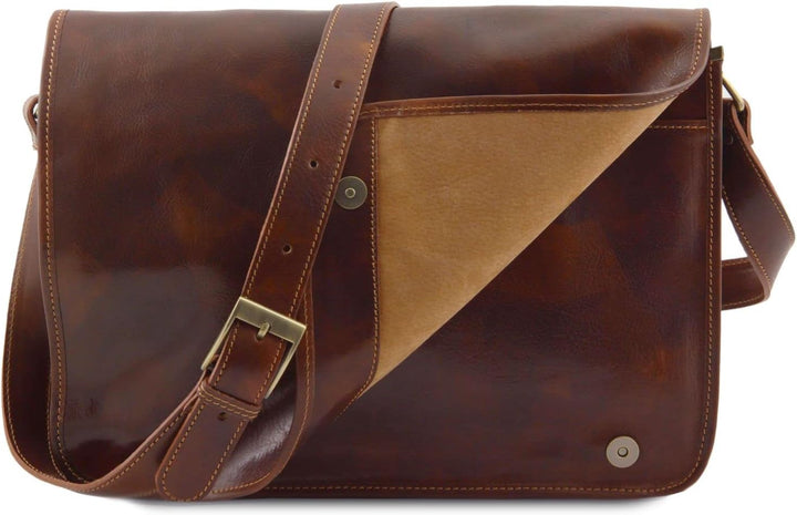 Tuscany Leather Messenger double Tasche mit Laptopfach aus Leder Braun, Braun
