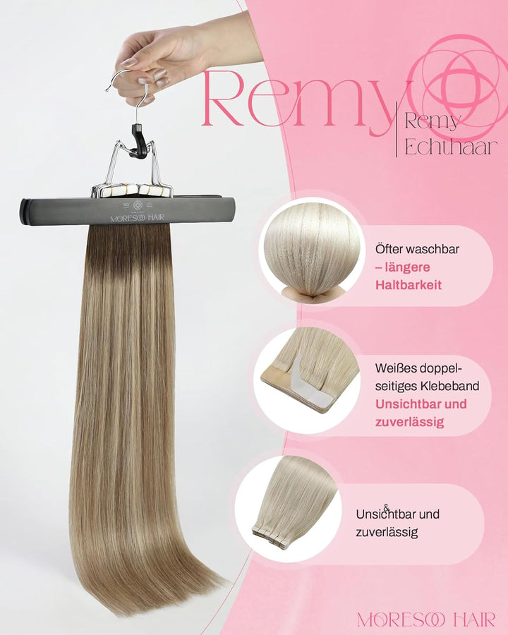 Moresoo Echthaar Extensions Tape in Blonde Haarextension Echthaar Tape Dunkelbraun bis Mittelblond m
