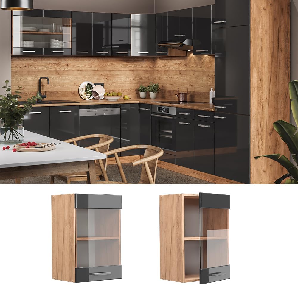 Vicco Küchenschrank Glas R-Line, Anthrazit Hochglanz/Goldkraft Eiche, 40 cm Anthrazit Hochglanz Häng