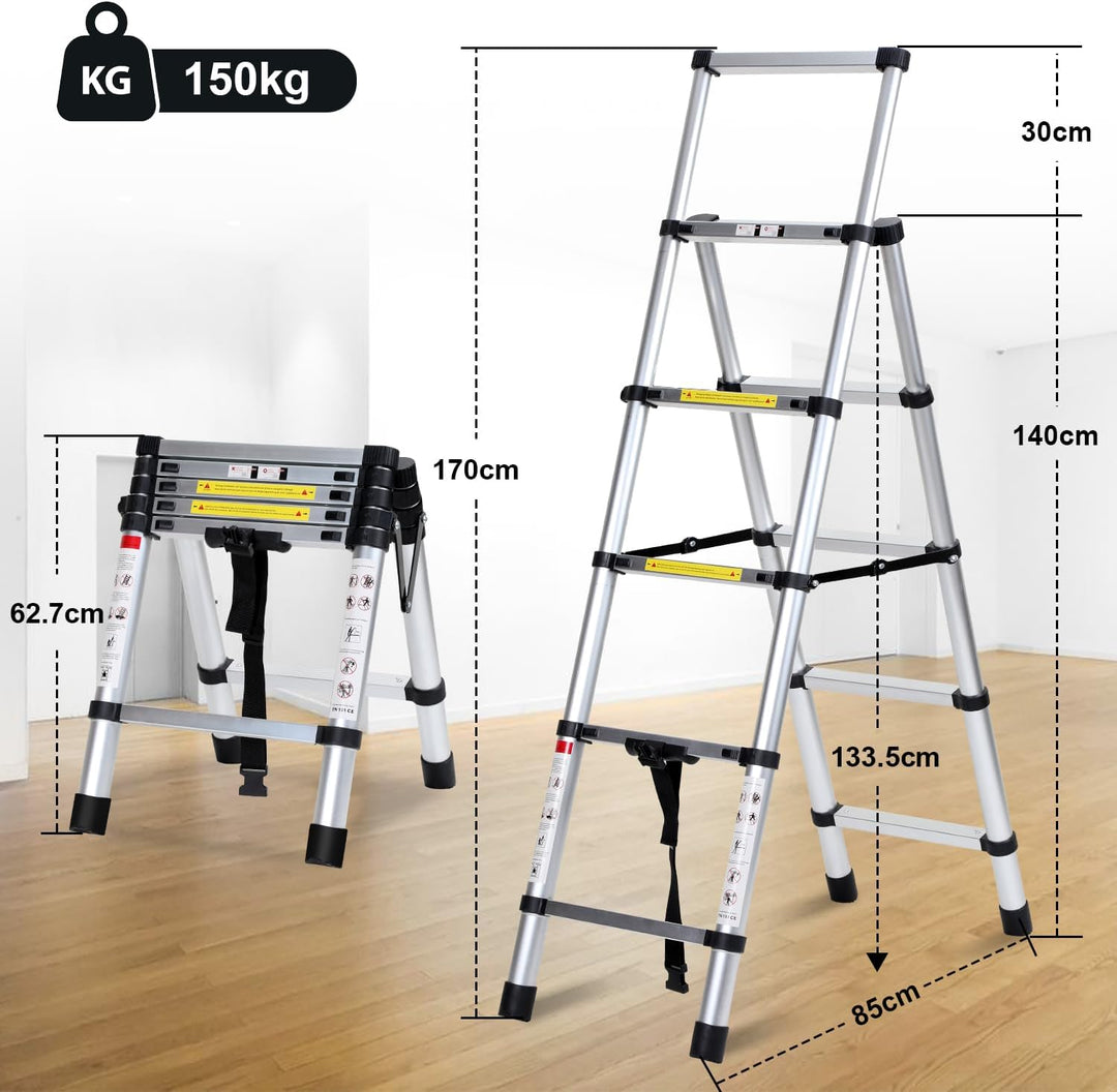 Eulenke Teleskopleiter 1.4m+1.7m Aluminium Trittleiter 4+5 Stufen Tragbare rutschfeste Klappleiter,