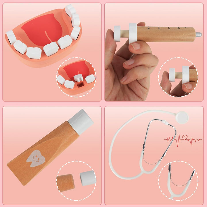 Arztkoffer Kinder Holz Spielset - Mit echtem Stethoskop, Arztkittel und Doktortasche in Rot, perfekt