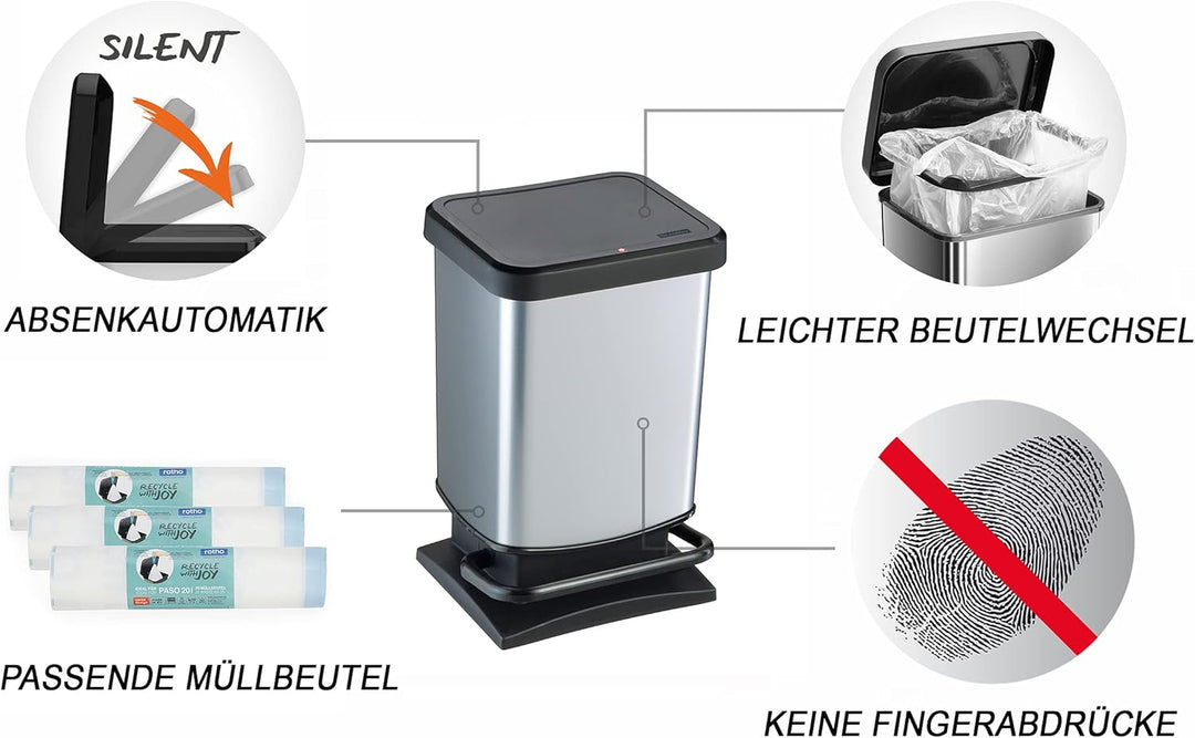 Rotho Paso Mülleimer 20l mit Deckel, Kunststoff (PP) BPA-frei, silbermetallic, 20l (29.3 x 26.6 x 45