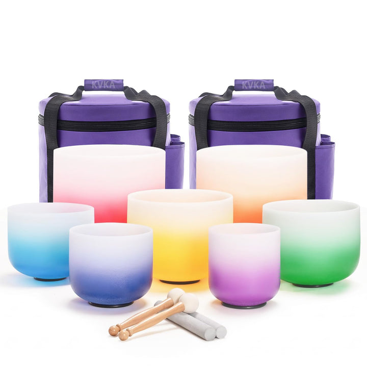 KVKA Chakra Singing Bowls Set of 7 432 hz 6-12 Inch Candy Color with Heavy Duty Carrying Cases and R