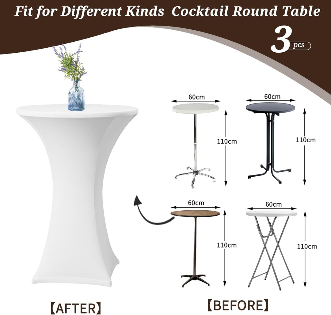3er-Set Weiss Stretch Stehtisch Husse für Bistrotisch Ø 60-65 cm Spandex Stretch Tischdecke, Verstär