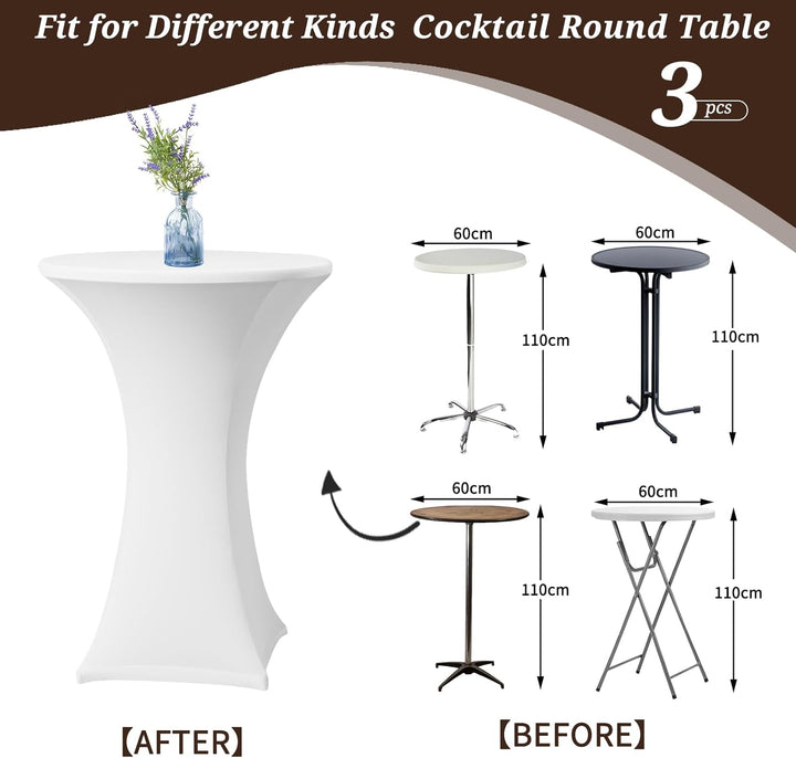 3er-Set Weiss Stretch Stehtisch Husse für Bistrotisch Ø 60-65 cm Spandex Stretch Tischdecke, Verstär