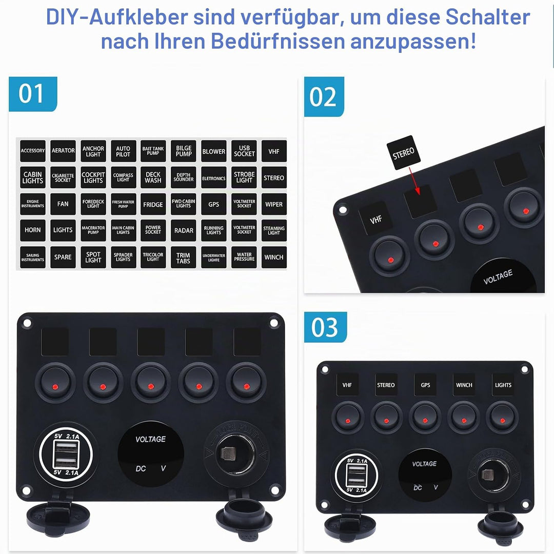 Geloo 5 Gang Schalter Panel, 12V/24V Kippschalter Panel IP65 Wasserdichte LED Voltmeter Dual USB Buc