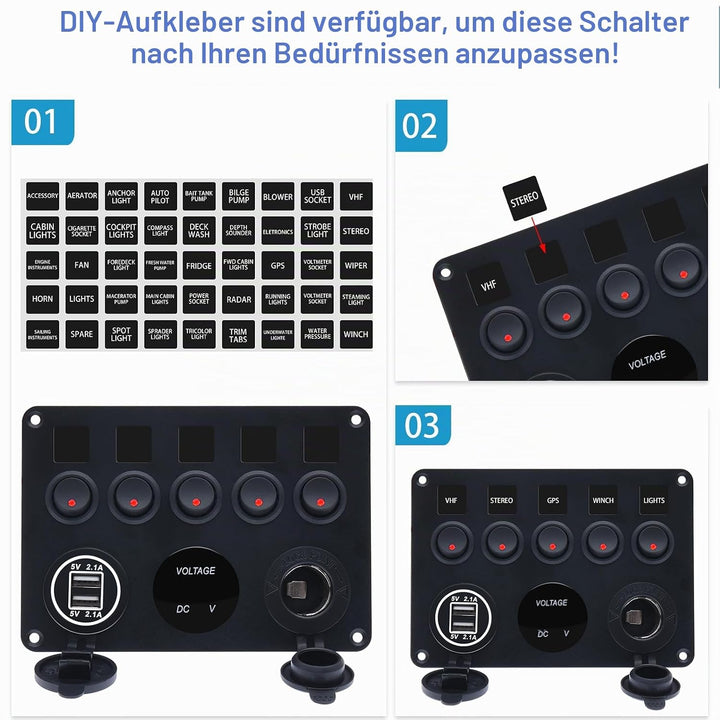 Geloo 5 Gang Schalter Panel, 12V/24V Kippschalter Panel IP65 Wasserdichte LED Voltmeter Dual USB Buc