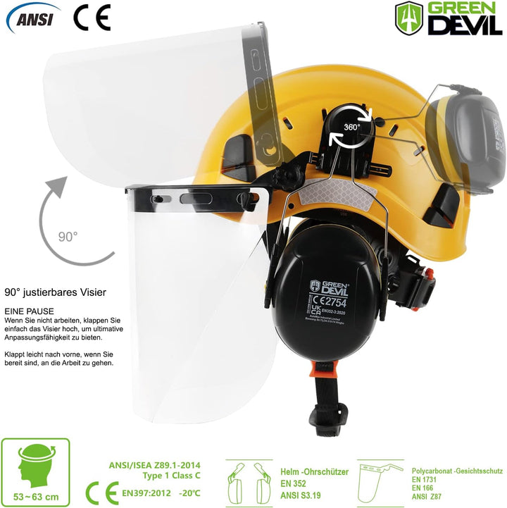 GREEN DEVIL Kettensägen-Schutzhelm Forstschutzhelm Sicherheitshelm mit Gehörschutz Ohrenschützer und