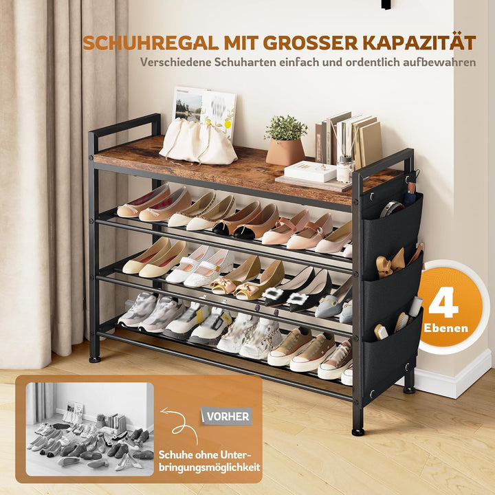 Schuhregal platzsparend 4 Ebenen für 12-16 Paar, Schuhschrank schmal mit Seitentaschen, Schuhregal H