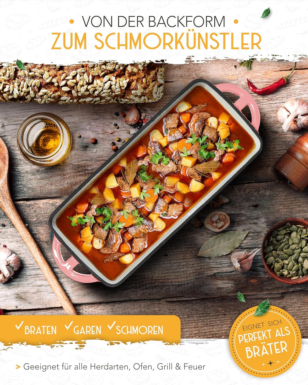 KRUSTENZAUBER Brotbackform mit Deckel emailliert im XXL-Komplettset - Robuste 28 cm Gusseisen Brotba