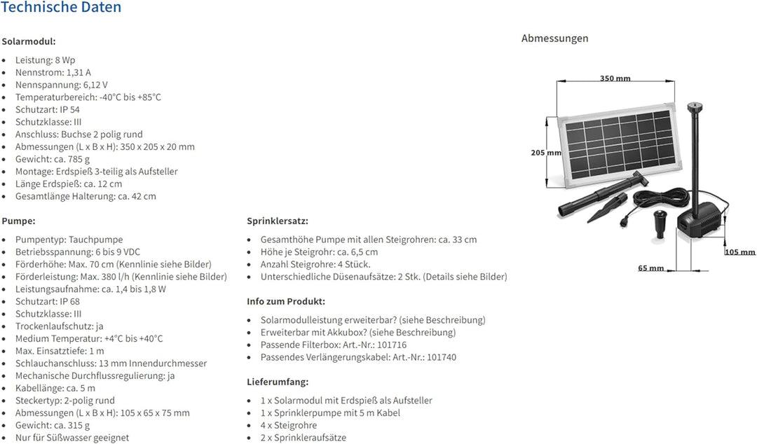 Solar Teichpumpe 8 Watt Solarmodul 380 l/h Förderleistung 70 cm Förderhöhe esotec Professional Produ