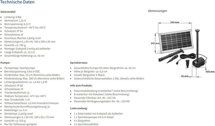 Solar Teichpumpe 8 Watt Solarmodul 380 l/h Förderleistung 70 cm Förderhöhe esotec Professional Produ