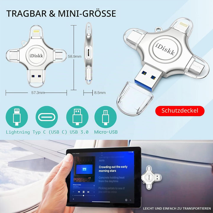iDiskk zertifizierte Lightning-Festplatte, 128 GB, MFi für iPhone, 4-in-1, USB-Speicher, für iPhone/