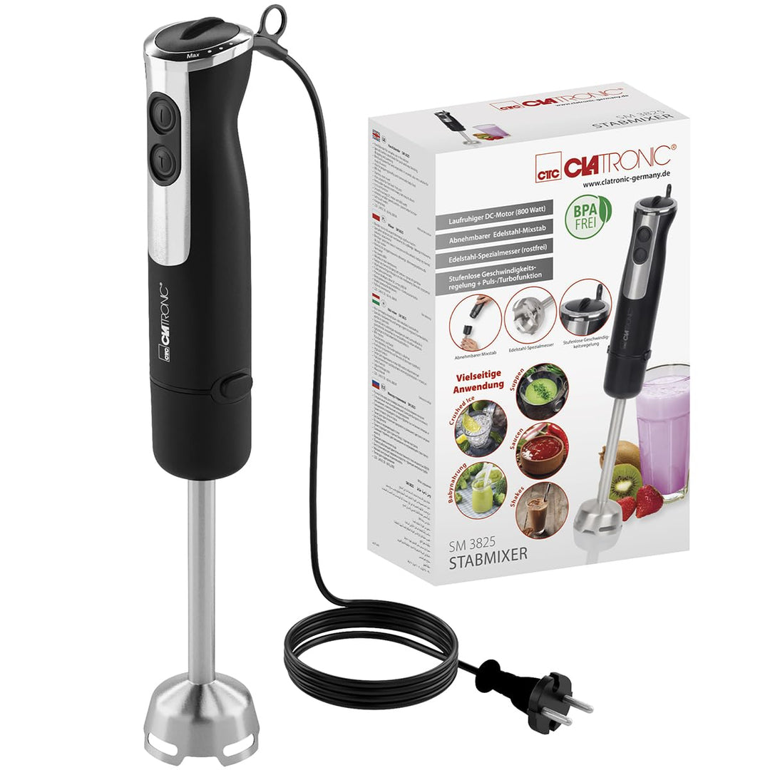 Clatronic Stabmixer 800W mit Turbo-Funktion | Pürierstab mit Edelstahlmesser | 12 Stufen | für Babyn
