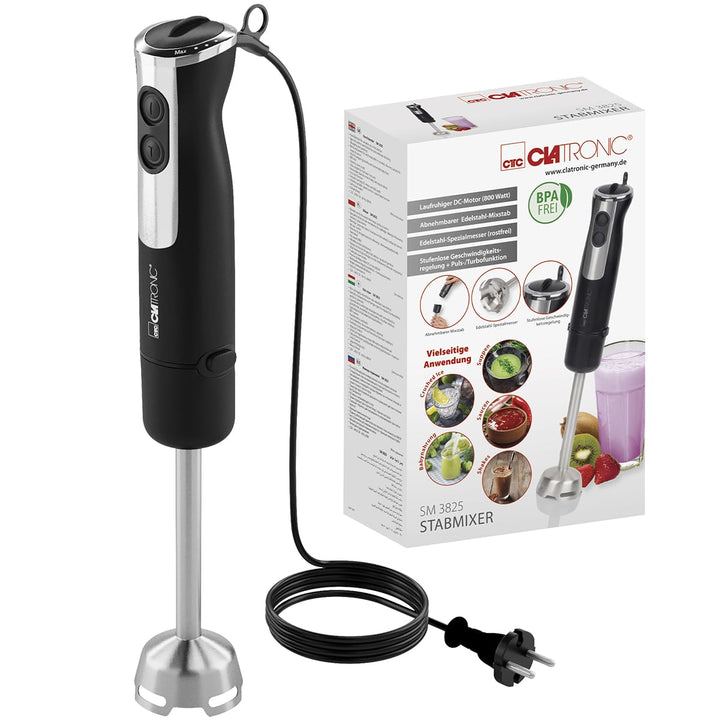 Clatronic Stabmixer 800W mit Turbo-Funktion | Pürierstab mit Edelstahlmesser | 12 Stufen | für Babyn