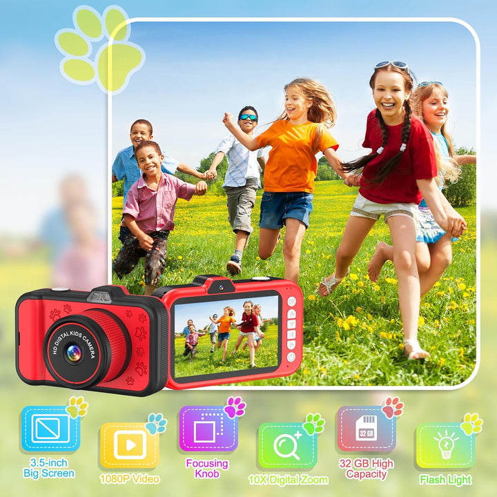 Kinderkamera mit 3,5" Grossem Display, 360° Drehbarem Zoomobjektiv, LED-Blitz & 32GB Karte Kinder vo