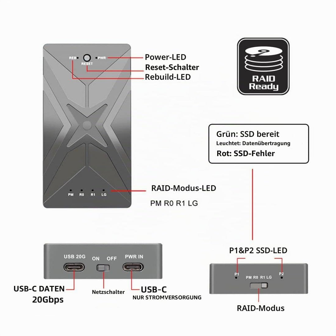 chenyang CY M.2 zu USB C Adapter,Dual NVME M.2 NGFF M-Key zu USB Typ-C Raid0 Raid1 JOBD Big Gehäuse
