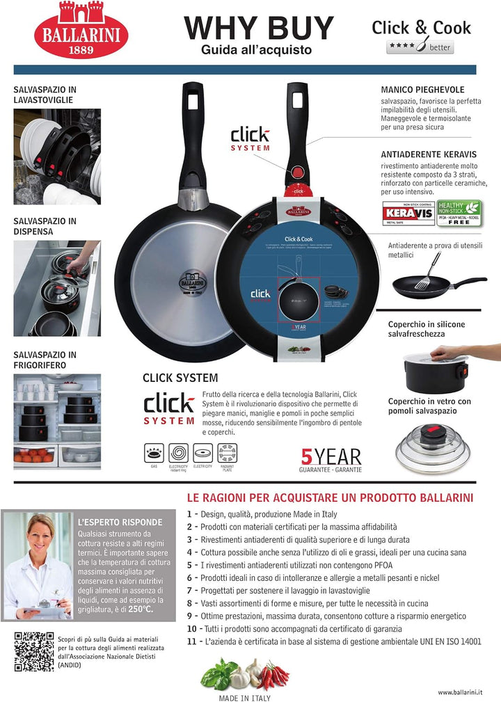Ballarini Click &amp; Cook Pfanne 24 cm 815130.24 aus Aluminium mit Keravis-Antihaftbeschichtung und ein
