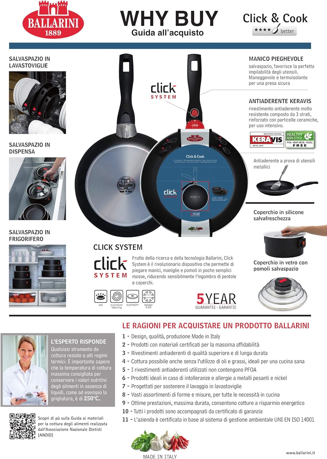 Ballarini Click & Cook Pfanne 24 cm 815130.24 aus Aluminium mit Keravis-Antihaftbeschichtung und ein