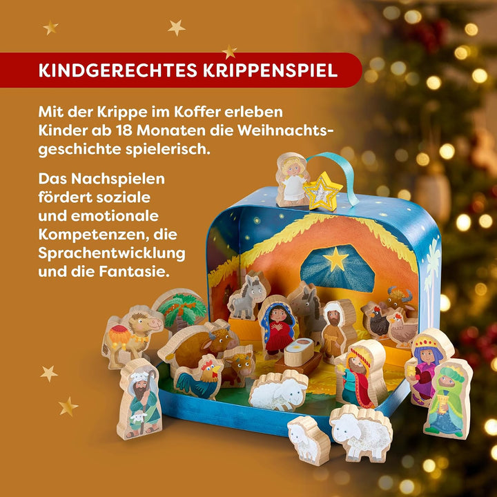 HABA Spielkoffer Weihnachtskrippe – Holzkrippe mit 24 Figuren