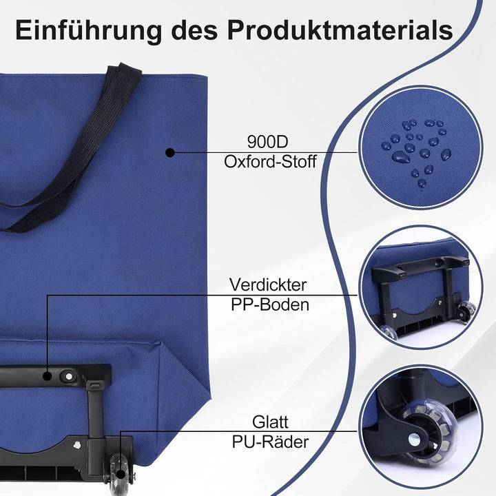 MOONCY 2-in-1 Einkaufstrolley, 30L Grosse Einkaufstasche auf Rollen, Leichter Einkaufswagen Klappbar